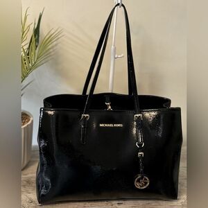 Michael Kors Black Patent Leather Tote with Silver Hardware